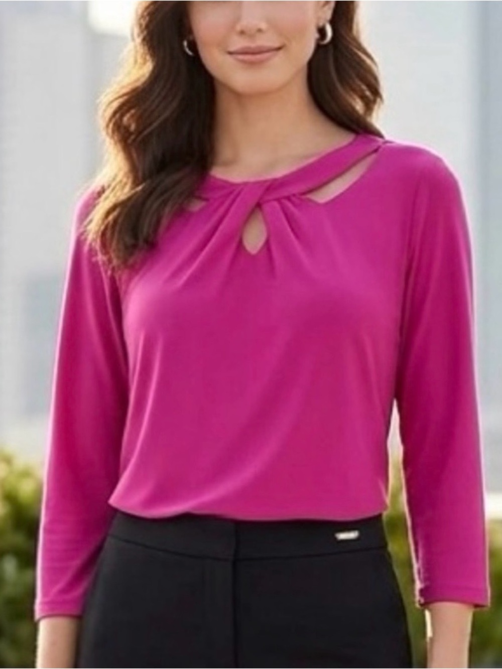 Nine West Twist Keyhole Long-Sleeve Top - Fuchsia